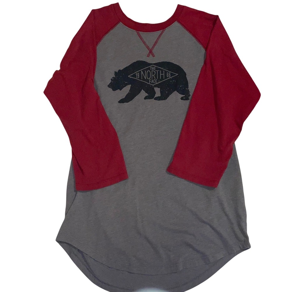 The North Face Mens Bear Graphic Raglan Baseball Tee Grey Red Small Classic Fit